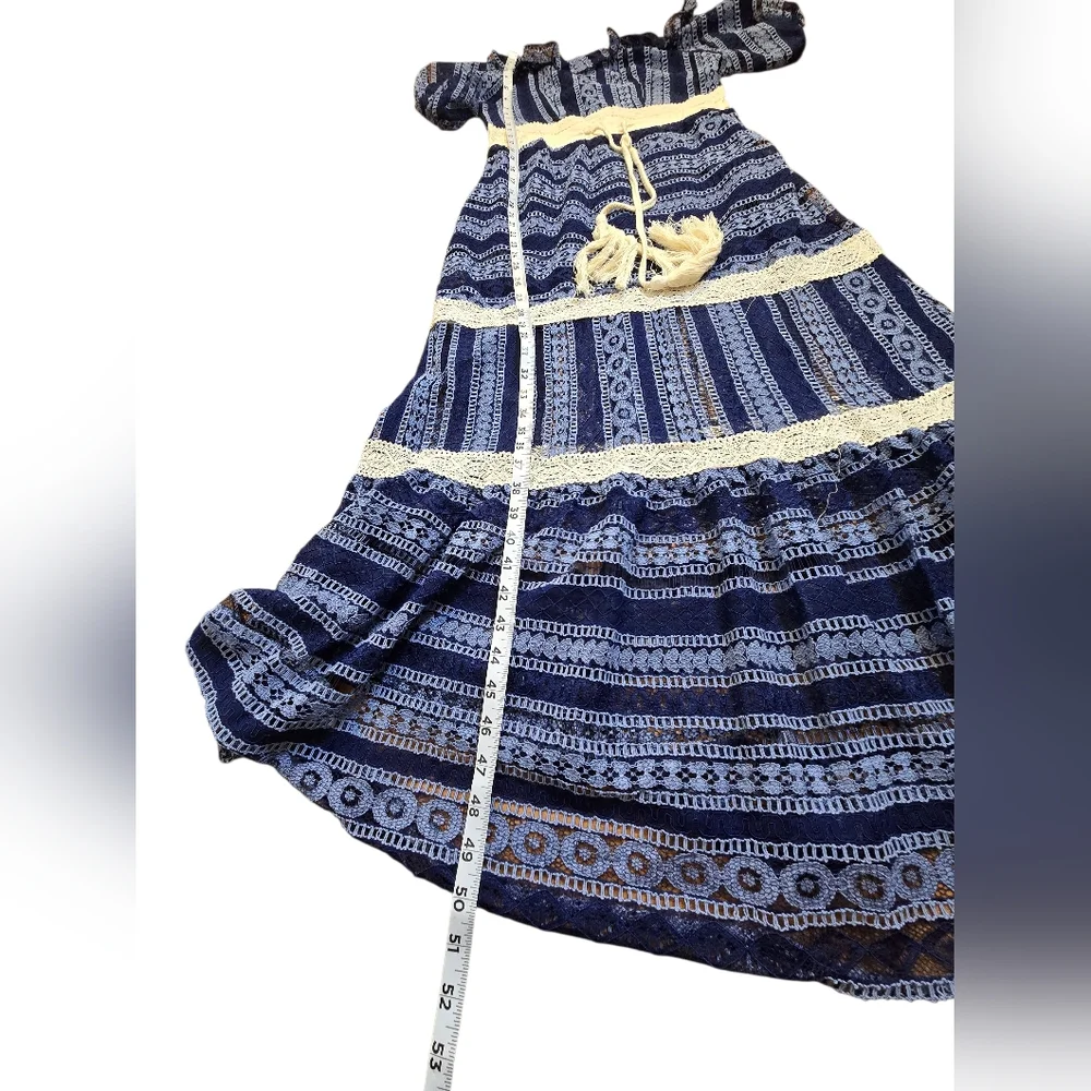 Malta Blue Lace Maxi Dress | Puff Sleeve Boho Cottagecore | Size M - Picture 5 of 7